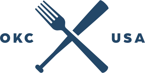 Logo with a fork and baseball bat crossed, "OKC" and "USA" on either side.