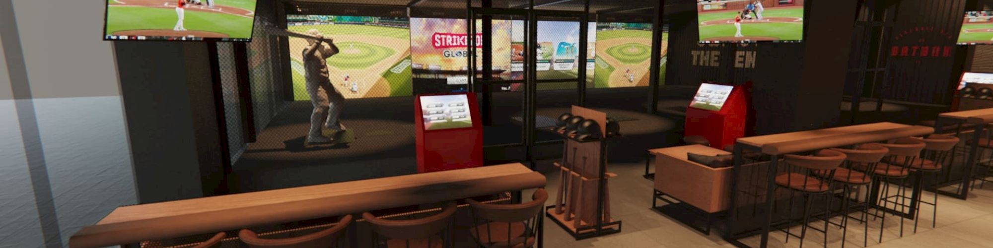 The image shows an indoor sports simulator venue with baseball screens, seating areas, and interactive displays for playing games.