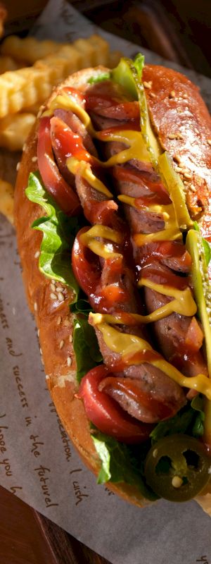 A hot dog with sausage, lettuce, tomato, pickle, jalapeños, ketchup, and mustard on a sesame bun, paired with crinkle-cut fries.